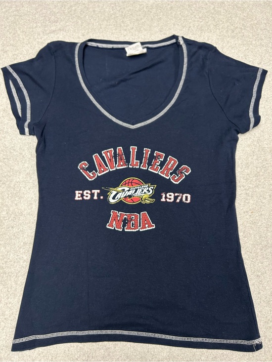 NBA Tops - Vintage NBA Cleveland Cavaliers Women’s L Navy V-Neck Tee with Red & Gold Logo